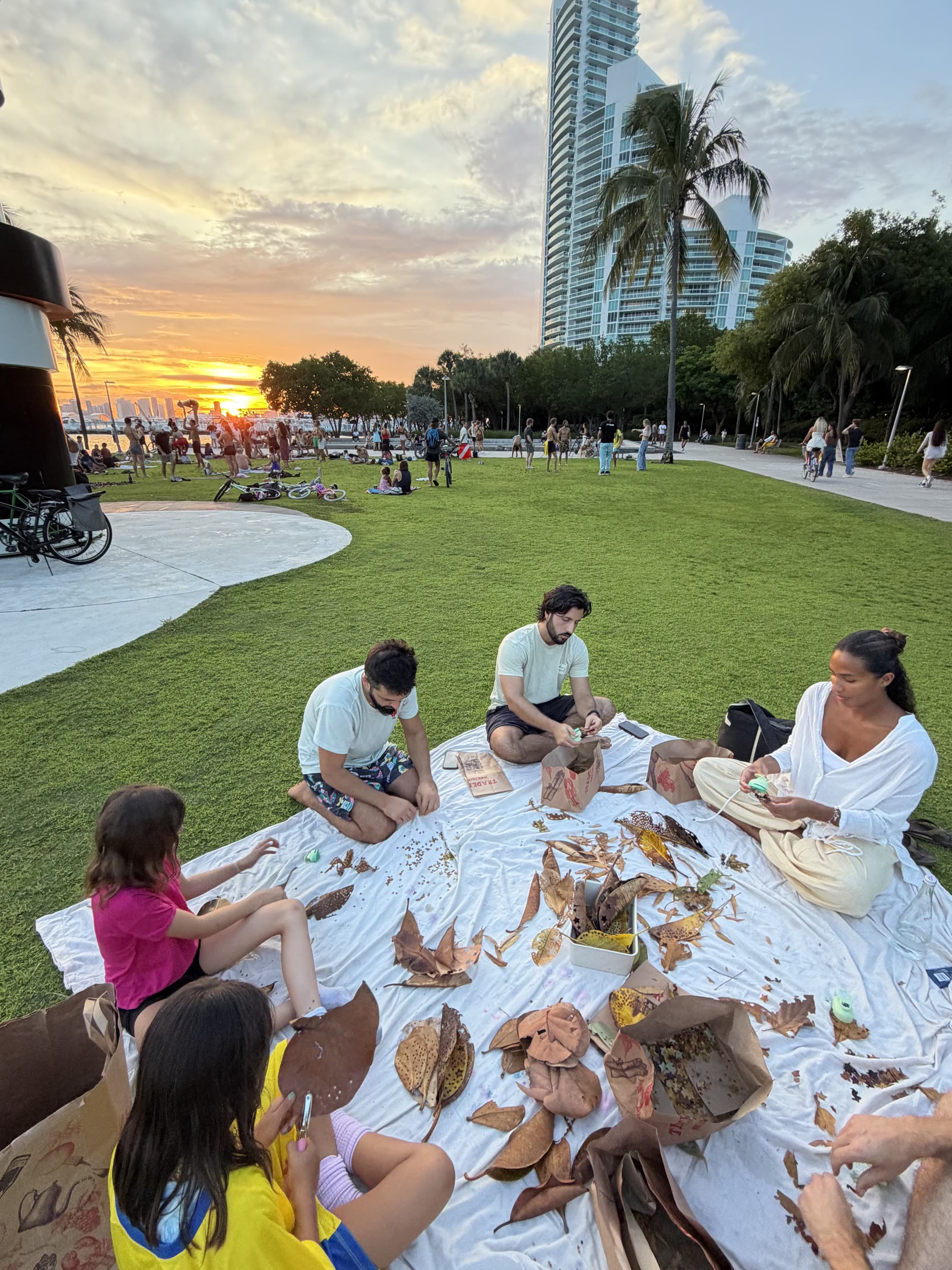 A group of people around a large white sheet covered in fallen leaves and confetti punches at a public park in Miami Beach, palm trees and sunset in the background.